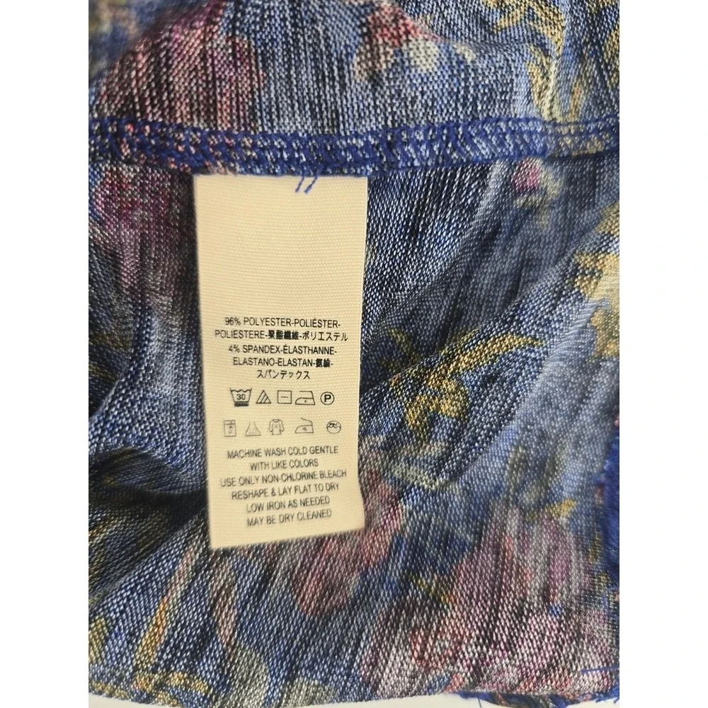 Free People Ruffle Front Top Womens S Blue Floral 3/4 Sleeve Knit Keyhole Back